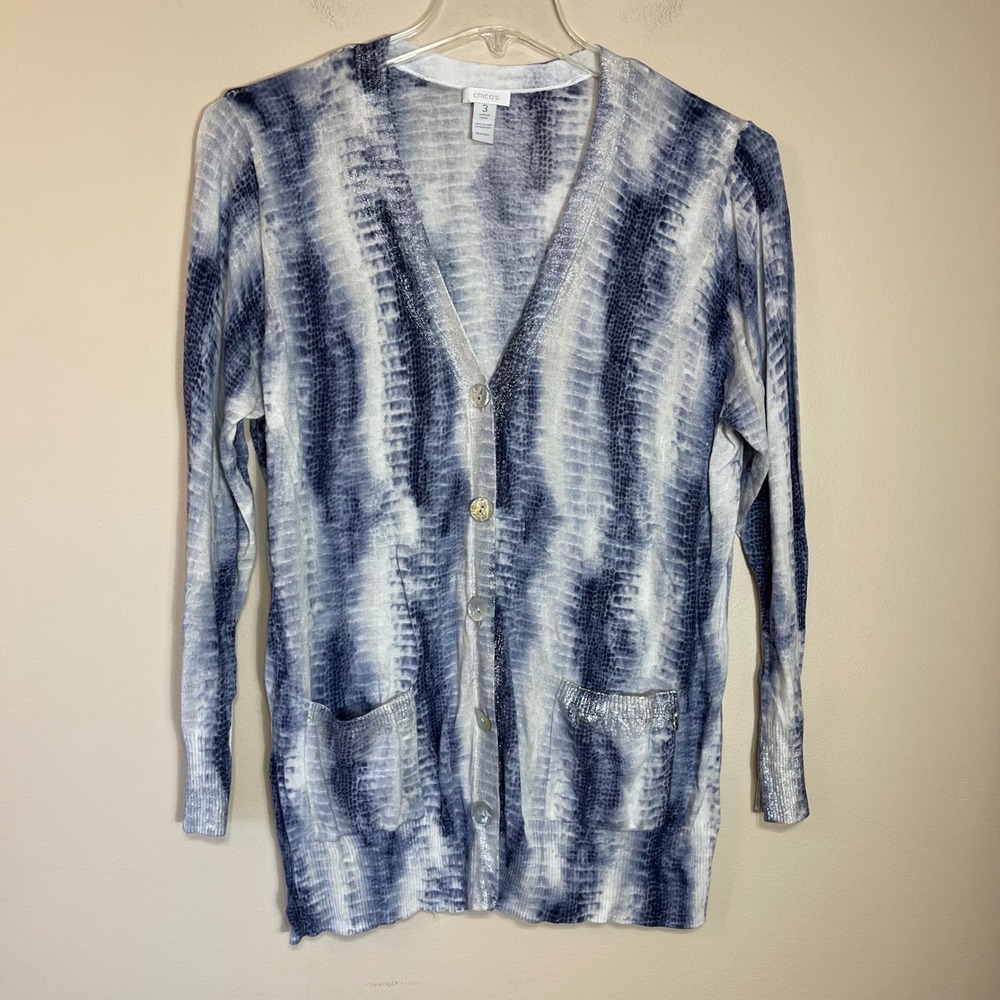 Chicos Blue Snakeskin‎ Metallic Trim Button Front Cardigan Sweater 3 XL 1S201059